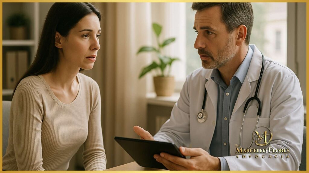 mulher conversando com cirurgião plástico em ambiente clínico