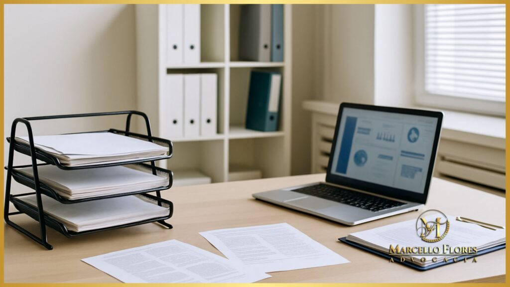 Ambiente administrativo organizado representando governança e compliance em clínicas.