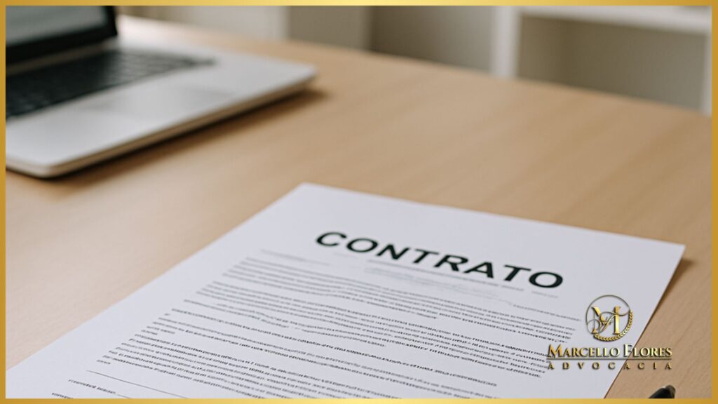 Contrato sendo revisado em ambiente administrativo de uma clínica de saúde.