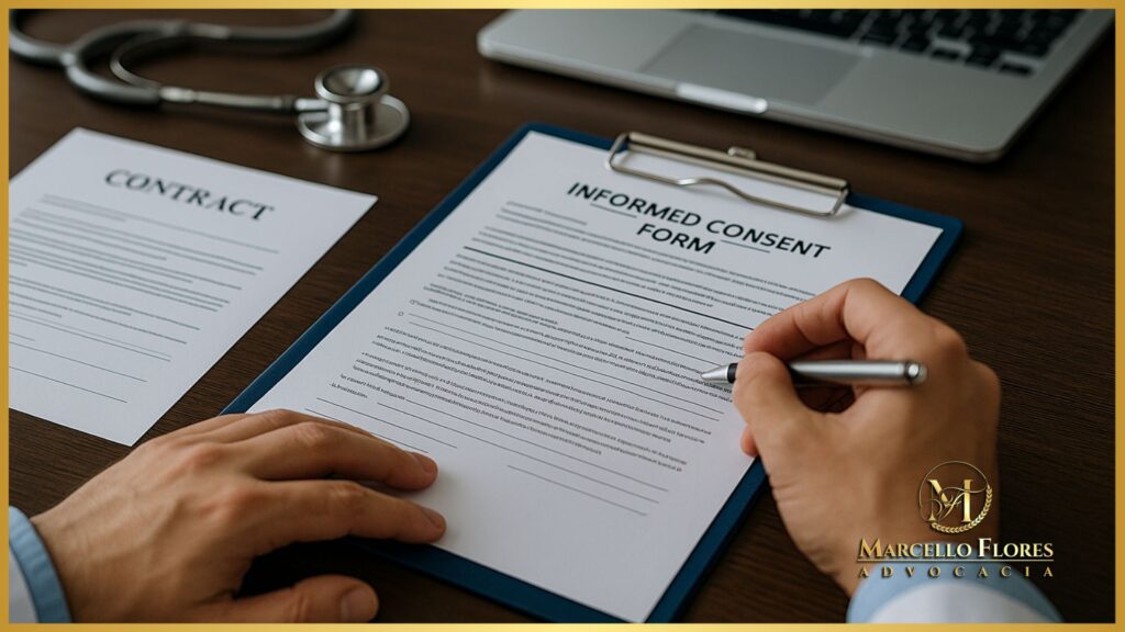 Médico preenchendo termo de consentimento e documentação clínica para proteção jurídica.
