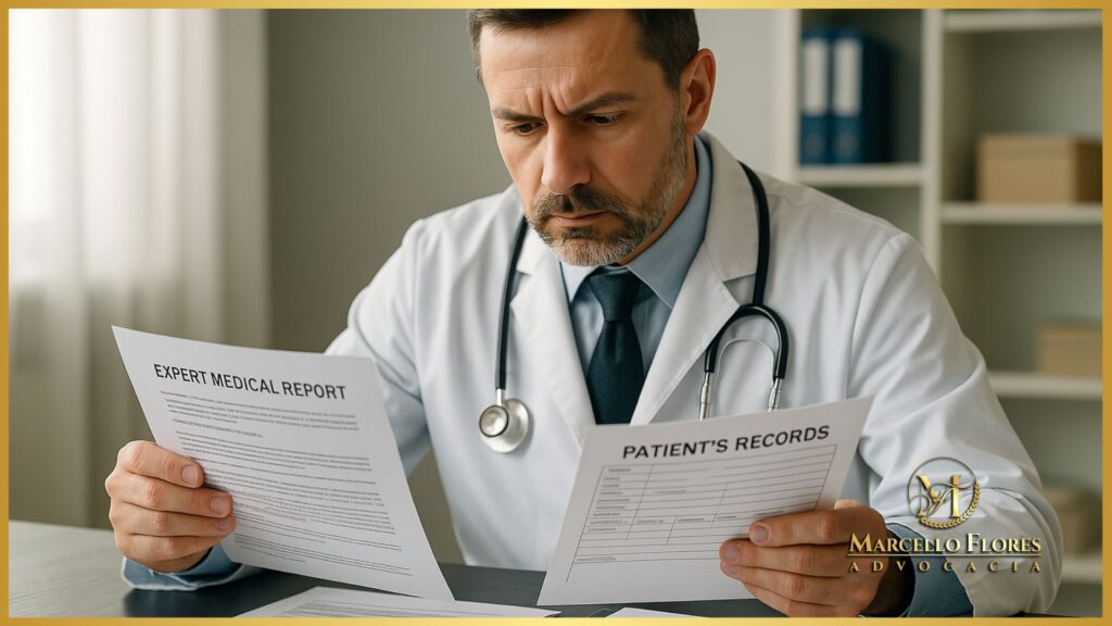 Médico analisando laudo pericial e registros clínicos para defesa jurídica.