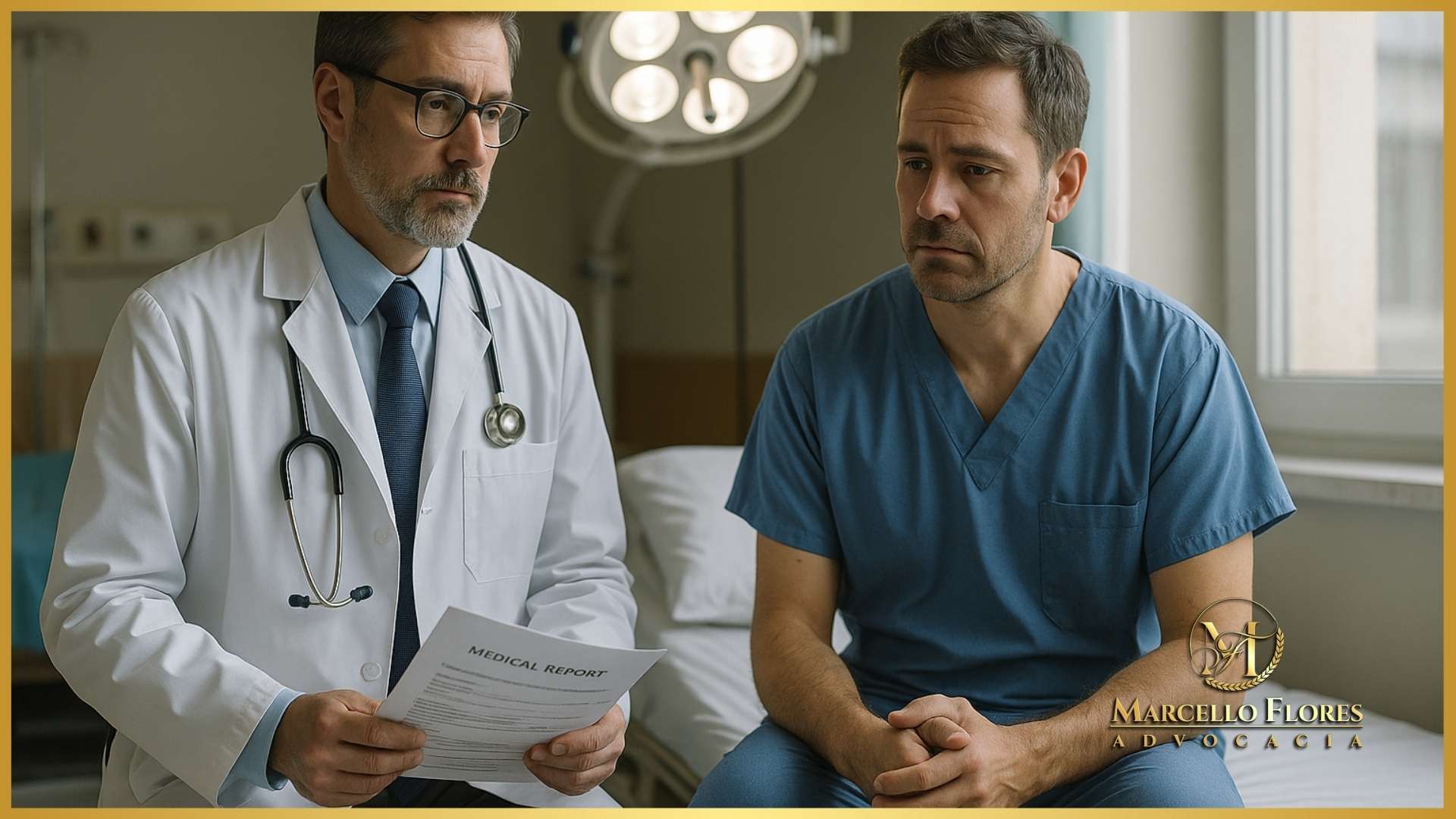 Paciente aguarda cirurgia enquanto médico explica atraso na liberação de prótese pelo plano de saúde.