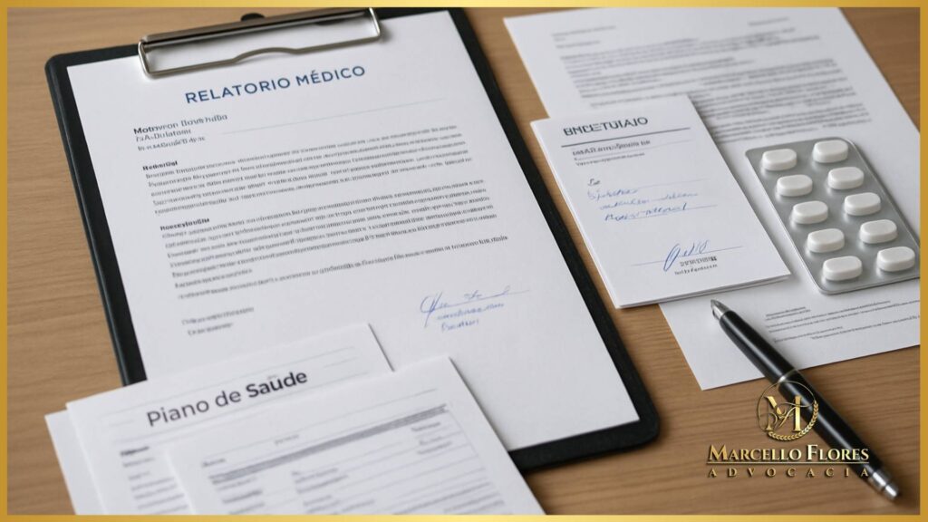 Documentos e relatório médico organizados para solicitar medicamento de alto custo.