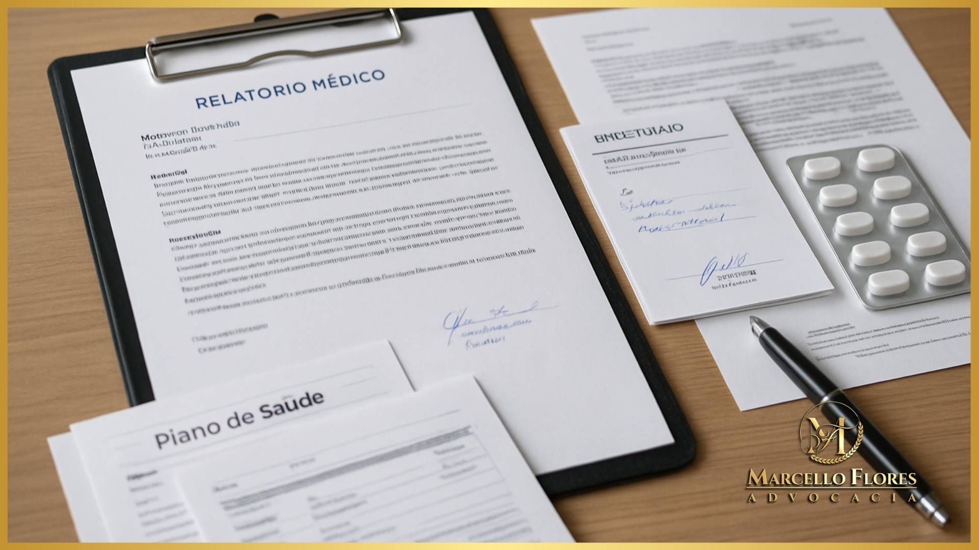 Documentos e relatório médico organizados para solicitar medicamento de alto custo.