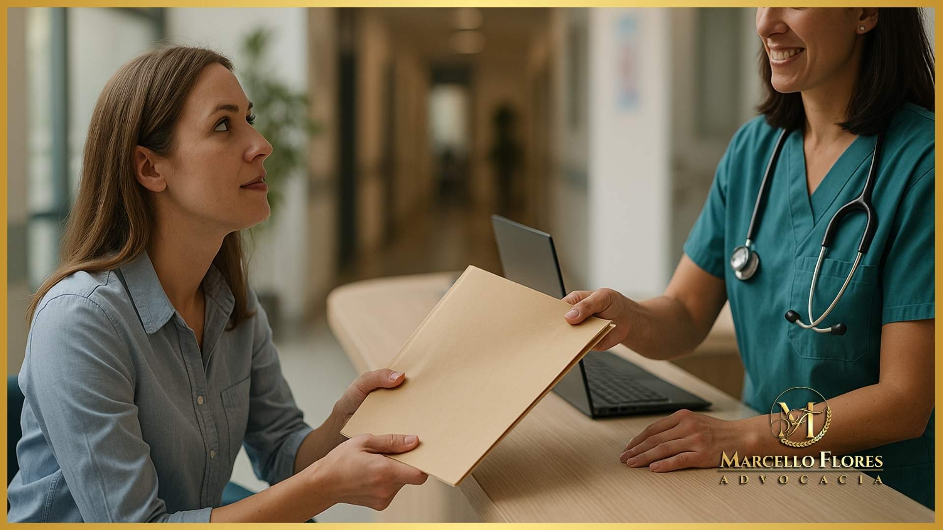 paciente entregando documentos médicos em recepção de clínica