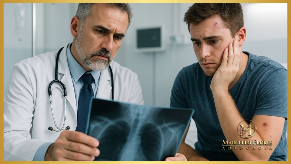 “Médico analisando exame de imagem ao lado de paciente machucado em consultório, ilustrando possível situação de erro médico.”