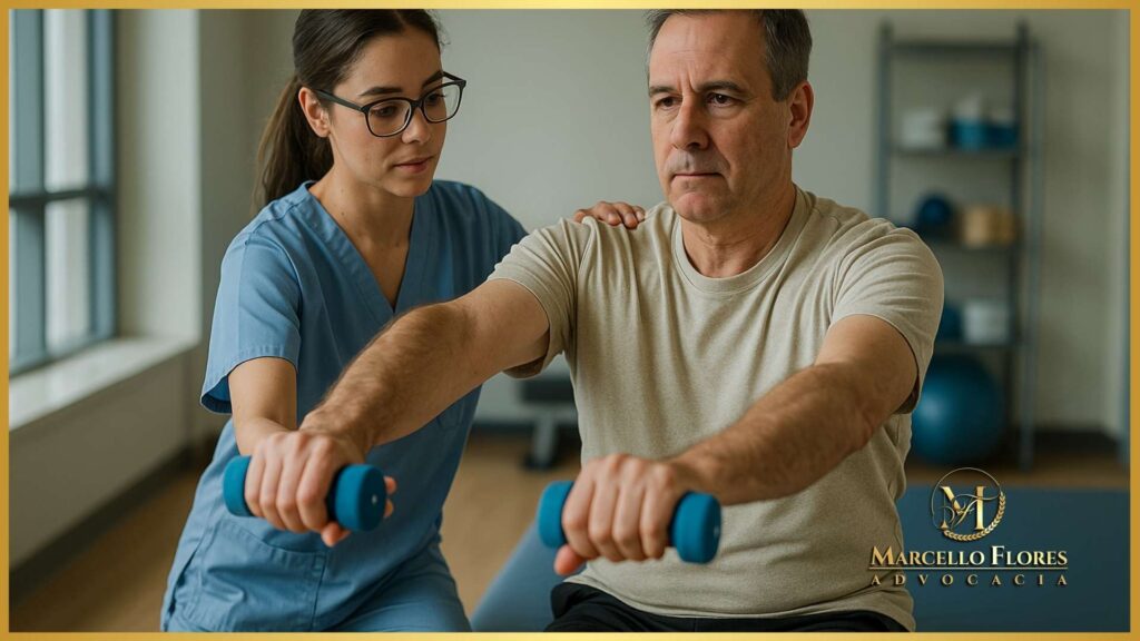 paciente em sessão de fisioterapia com profissional de saúde, ambiente clínico