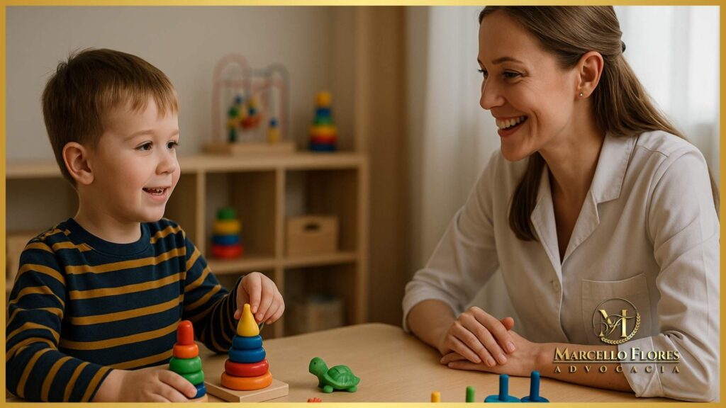 terapeuta fonoaudióloga atendendo criança com brinquedos educativos