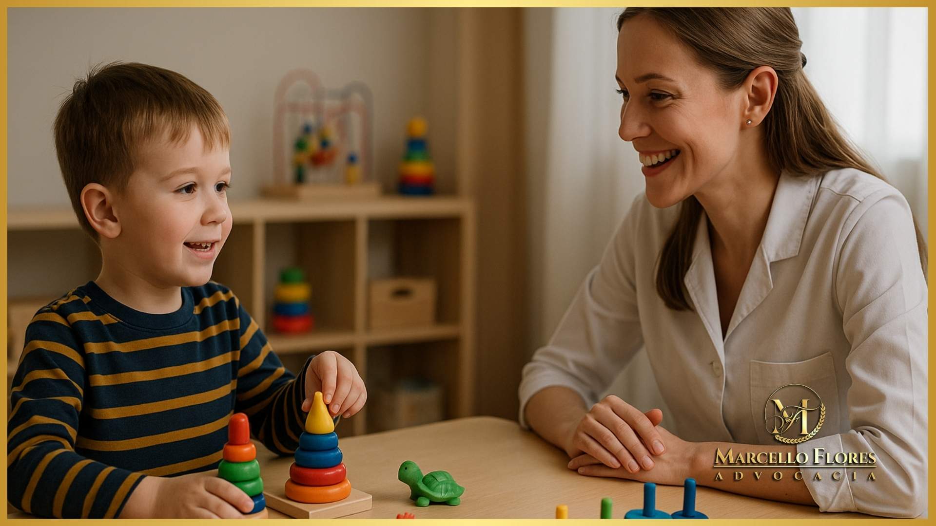 terapeuta fonoaudióloga atendendo criança com brinquedos educativos