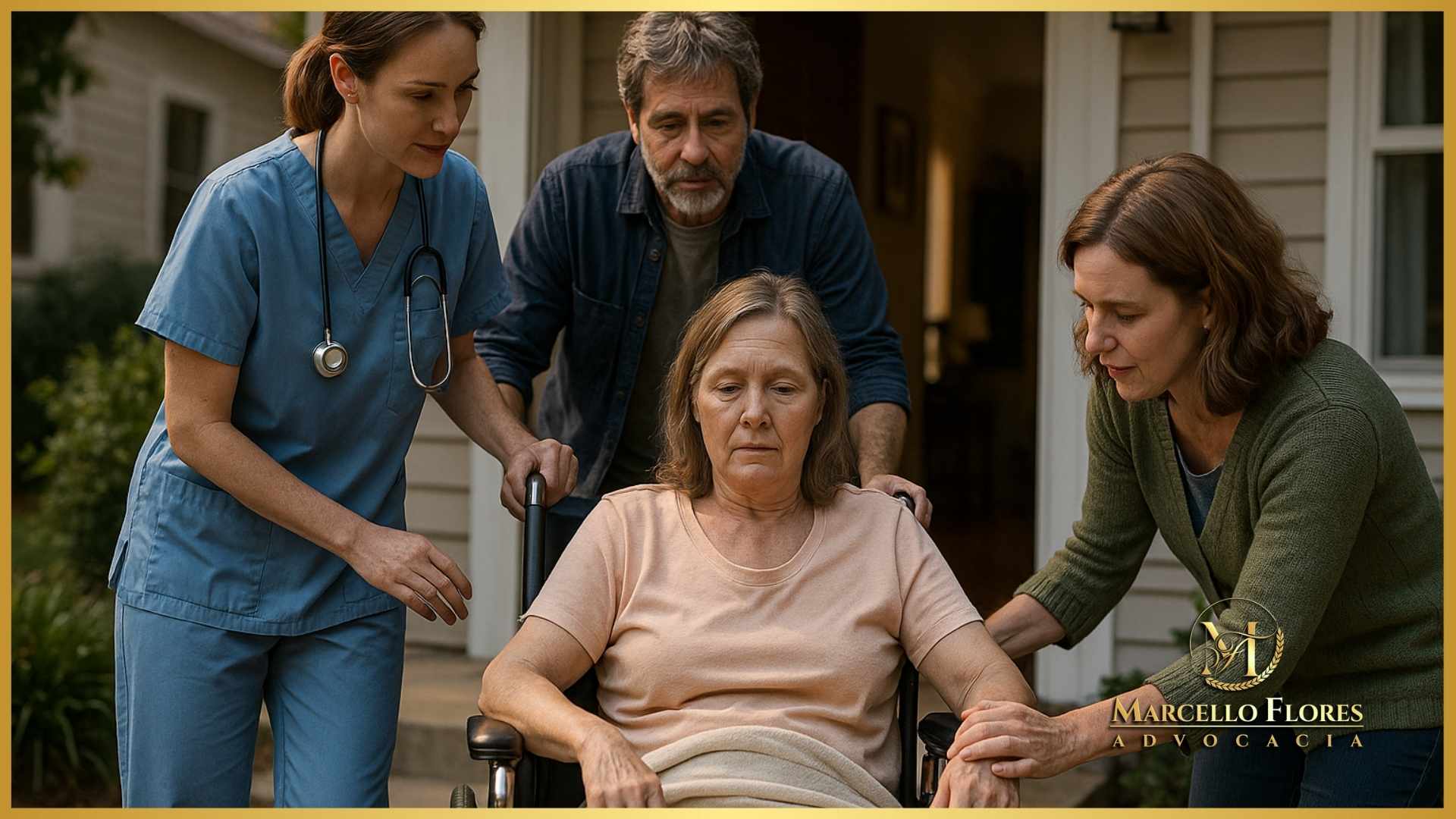 paciente recebendo alta hospitalar com enfermeira e familiares