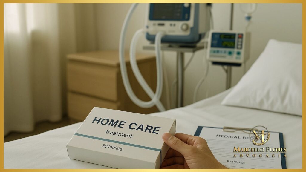 “Cenário de home care com leito preparado, equipamento respiratório e paciente segurando caixa de tratamento domiciliar.”
