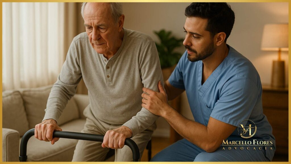 fisioterapeuta auxiliando paciente idoso com sequela neurológica em casa