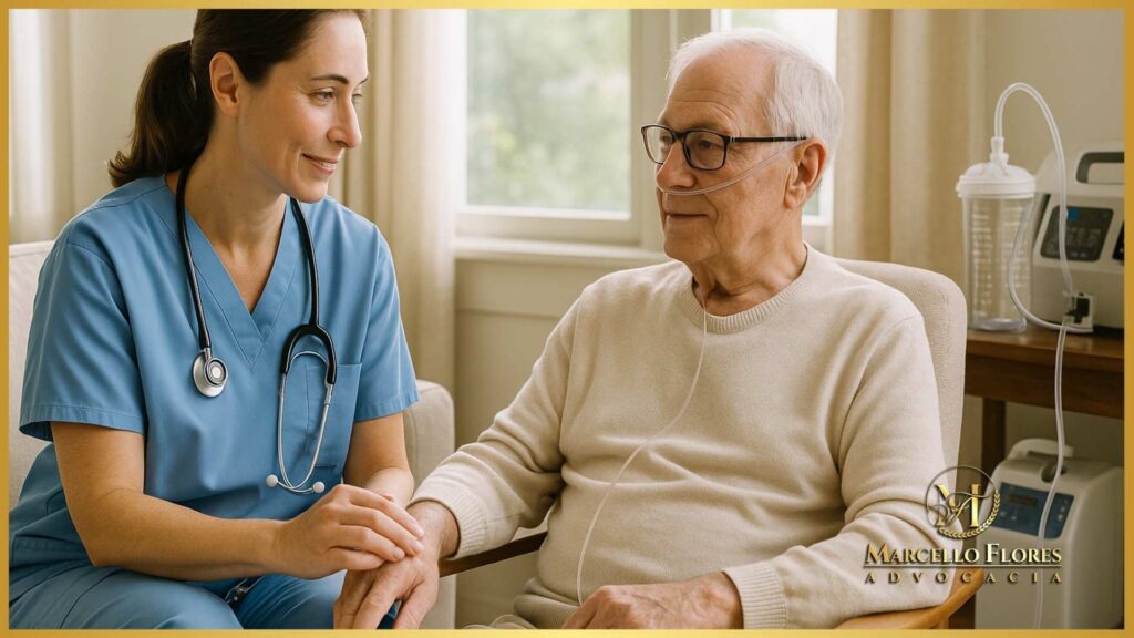 enfermeira atendendo paciente em casa com equipamentos hospitalares