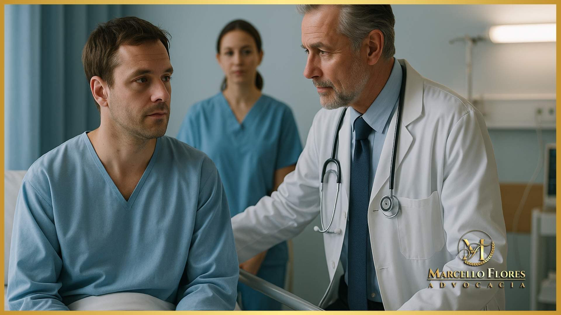 paciente sentado em leito hospitalar com olhar sereno, sendo acompanhado por médico psiquiatra