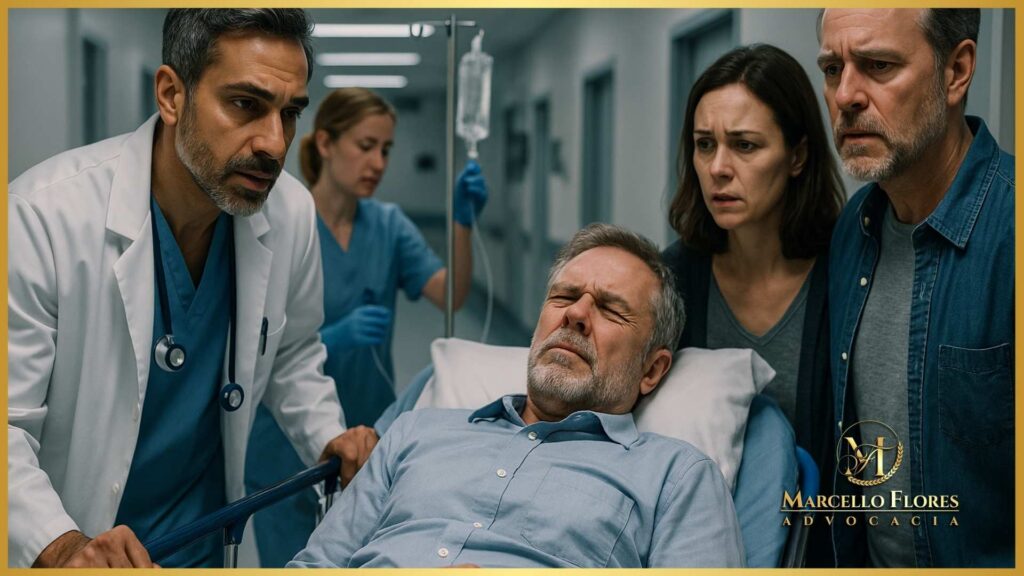 médico atendendo paciente em maca enquanto familiares aguardam preocupados