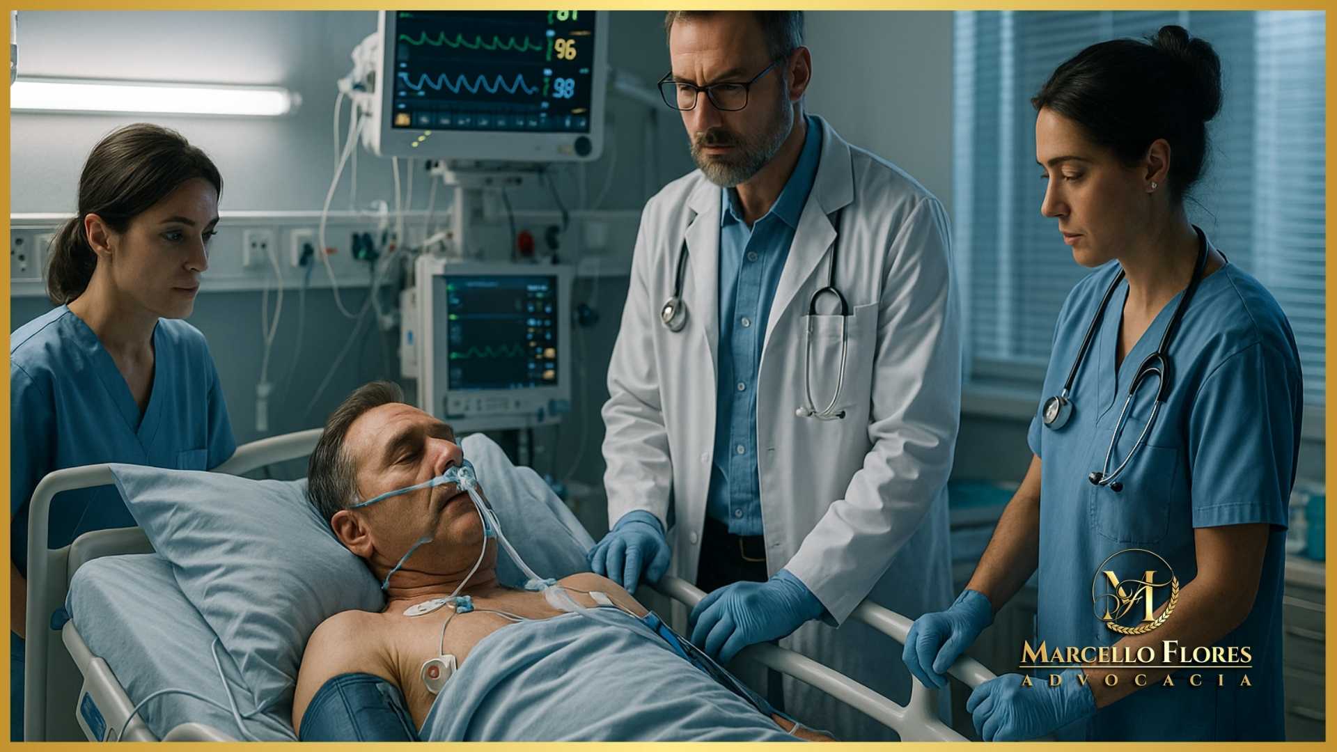 paciente monitorado em UTI moderna com equipe médica ao redor