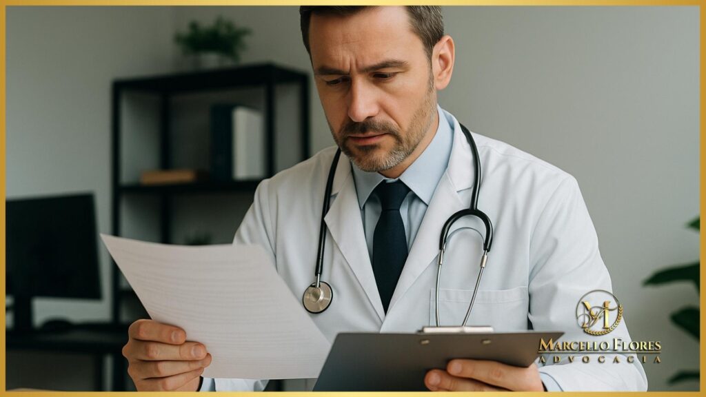 Médico avaliando documentos usados em judicialização para medicamento.