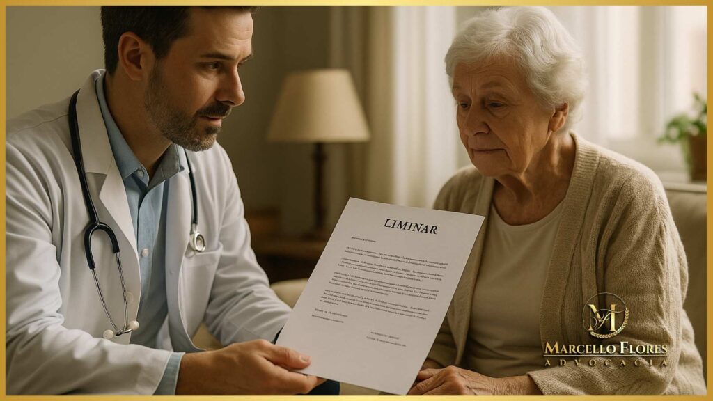 médico segurando documento de liminar ao lado de paciente em casa