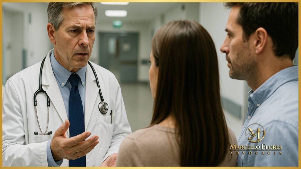 juiz assinando decisão enquanto médico acompanha paciente em hospital