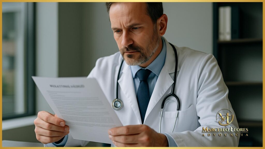 Médico analisando relatório sobre solicitação urgente de medicamento de alto custo.