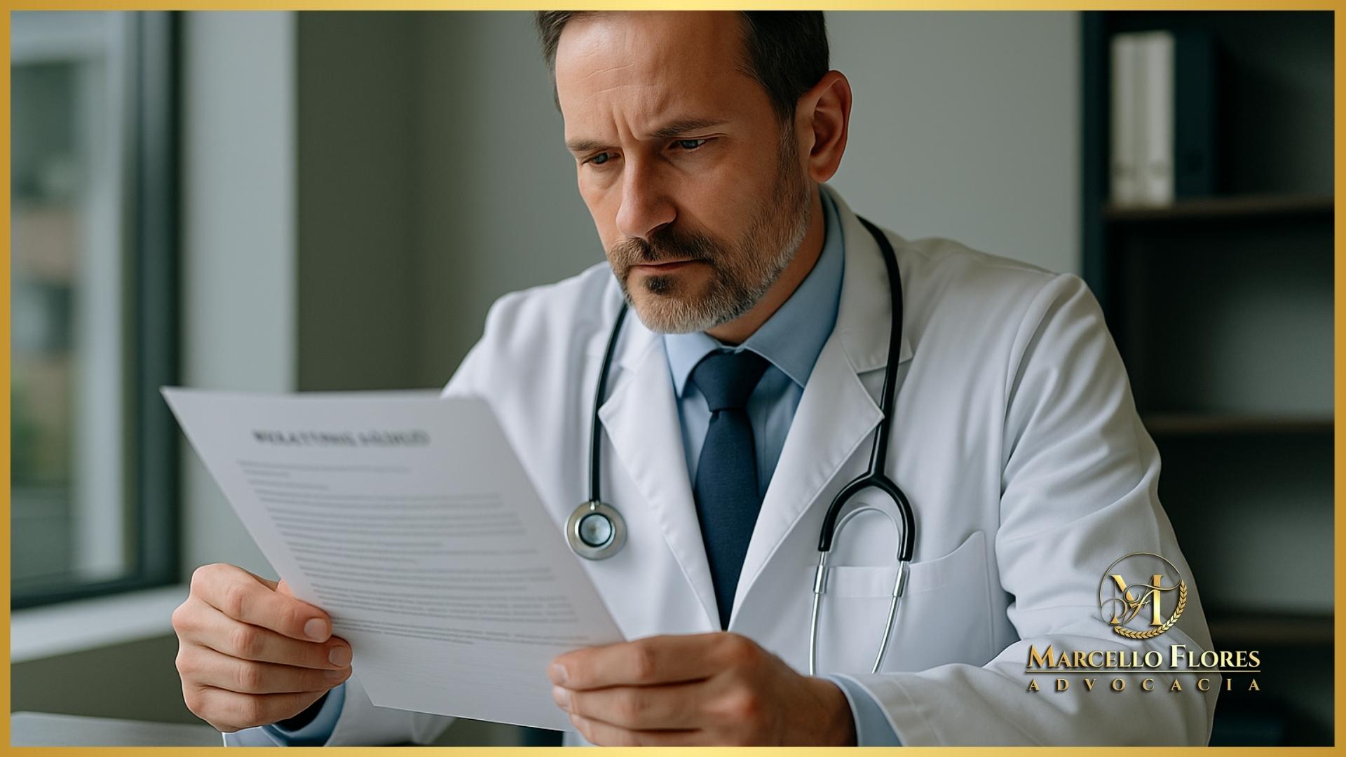 Médico analisando relatório sobre solicitação urgente de medicamento de alto custo.