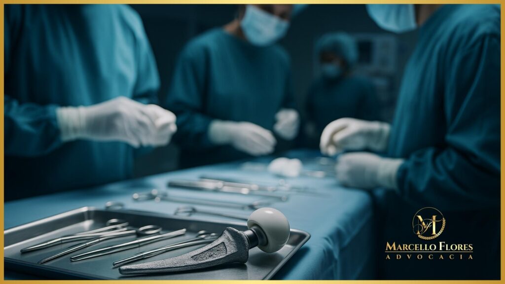 Equipe médica preparando prótese para cirurgia urgente