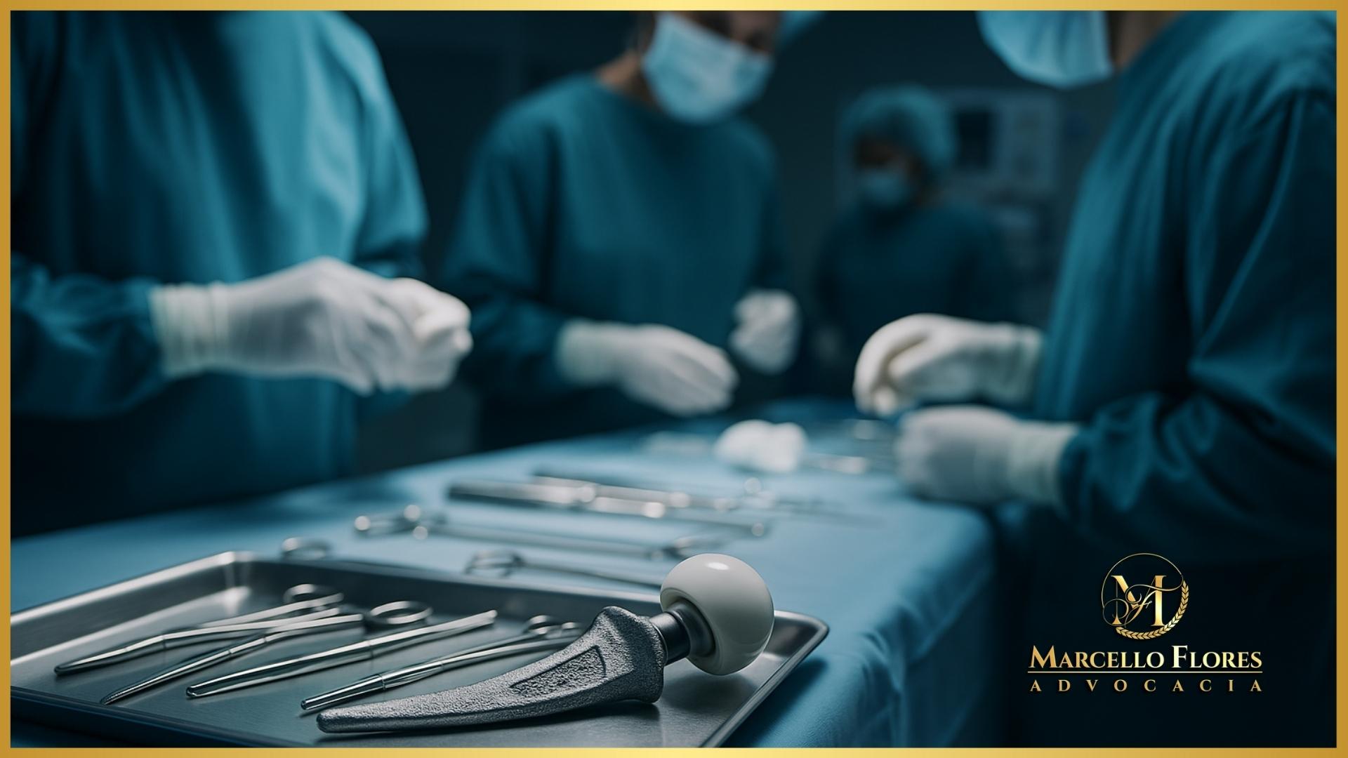 Equipe médica preparando prótese para cirurgia urgente