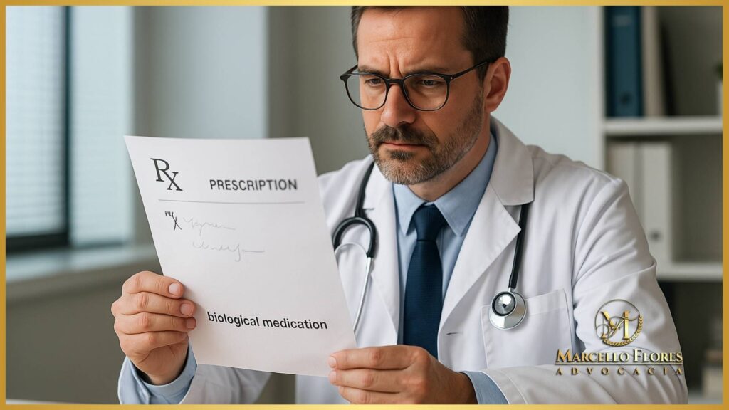Profissional de saúde analisando prescrição de medicamento biológico.