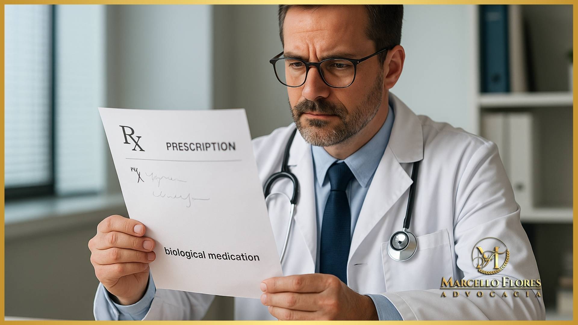 Profissional de saúde analisando prescrição de medicamento biológico.