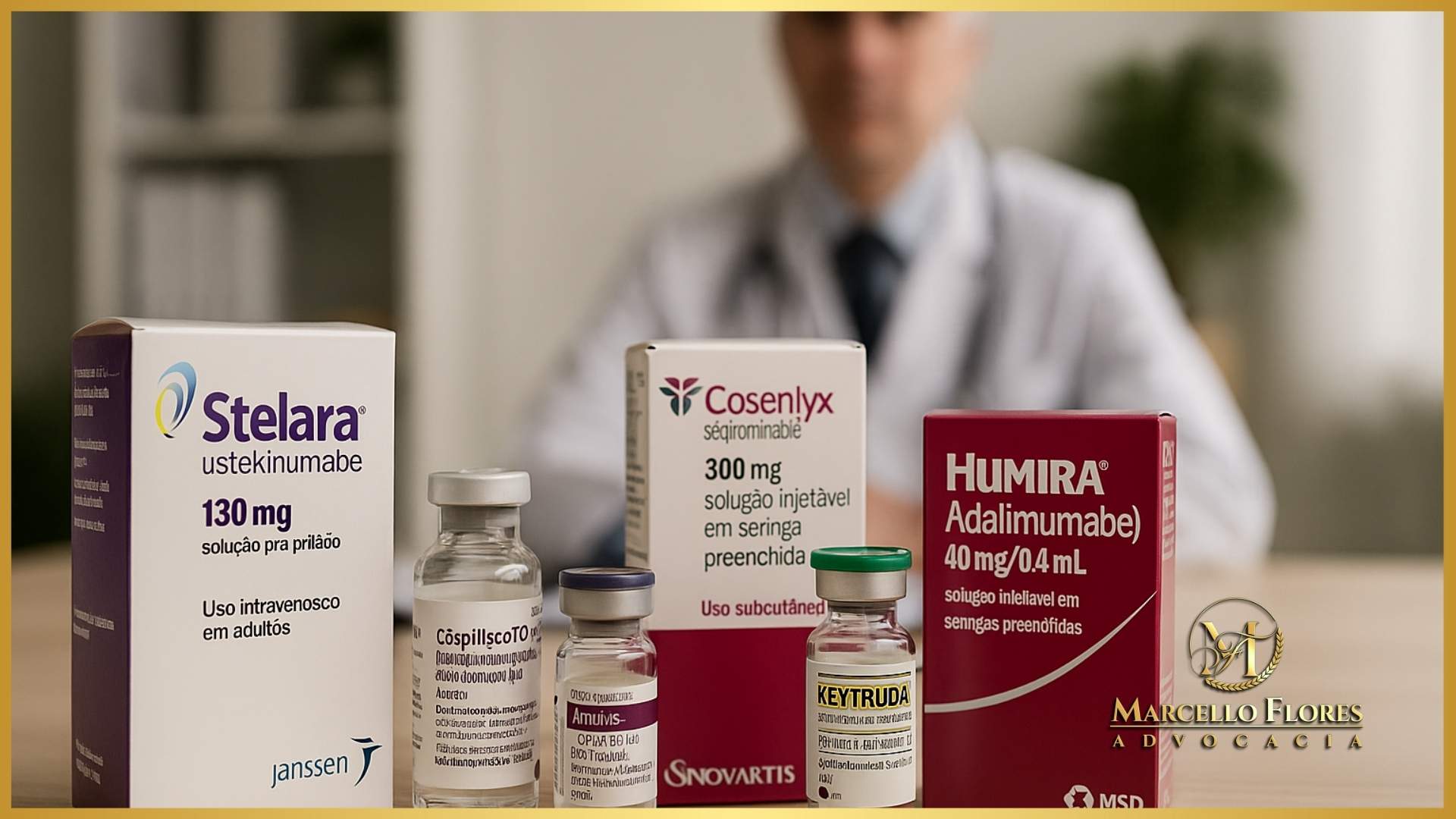 Frascos e caixas de medicamentos de alto custo sobre mesa de consultório.