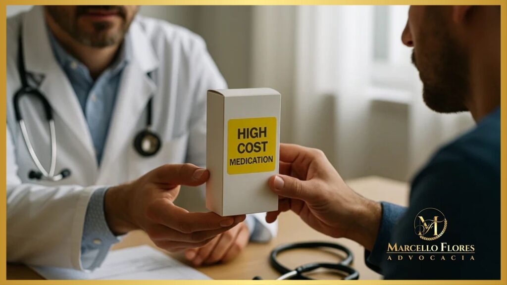 “Caixa de medicamentos de alto custo sobre mesa clínica, representando tratamentos essenciais frequentemente negados pelo plano de saúde.”