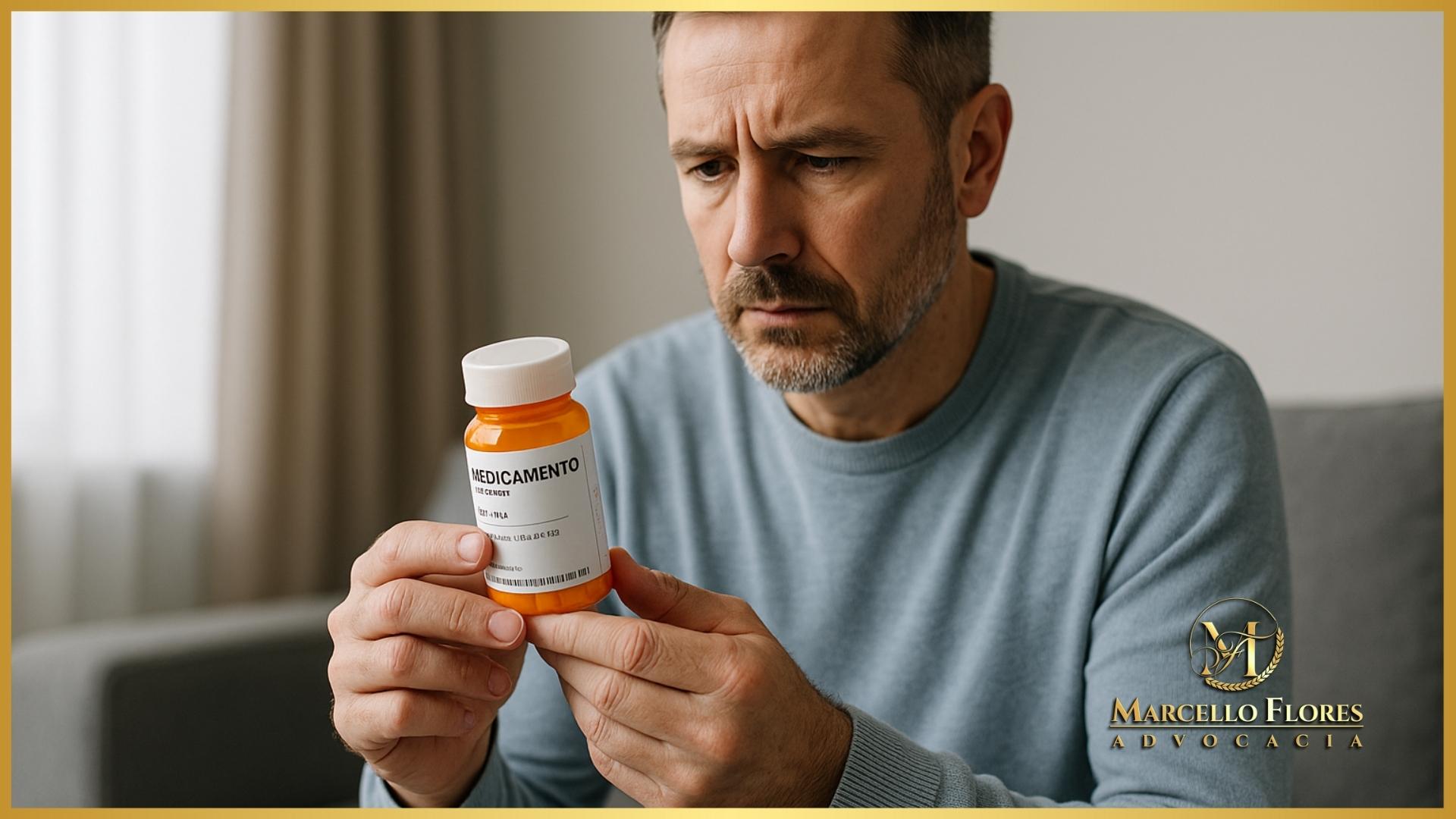 Paciente segurando medicamento de uso domiciliar prescrito.