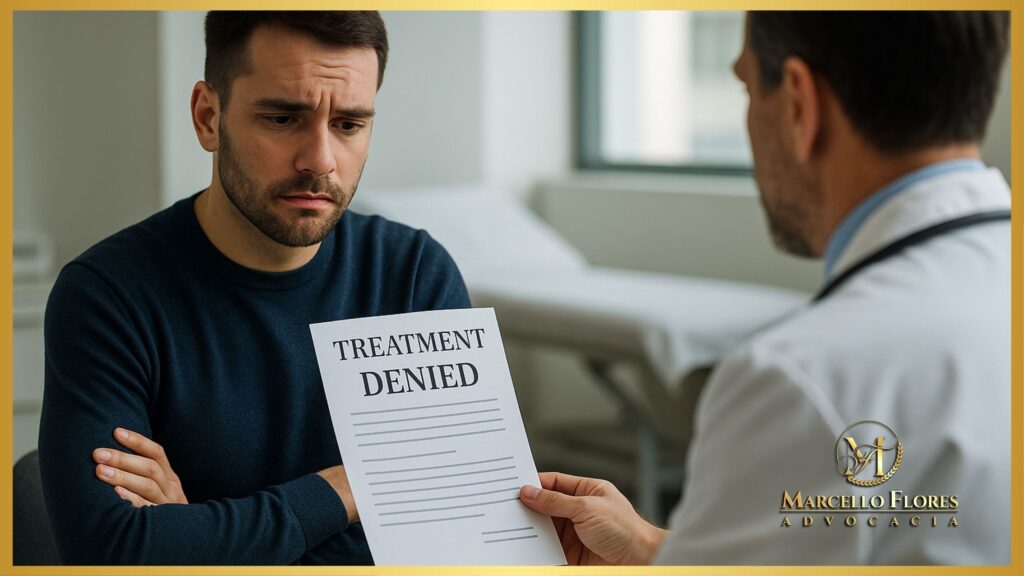 “Paciente segurando guia de tratamento negada em consultório médico, representando negativa de cobertura pelo plano de saúde.”