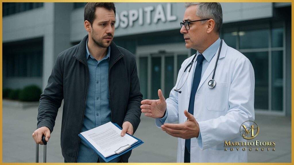 paciente com mala e documentos sendo impedido de entrar em hospital