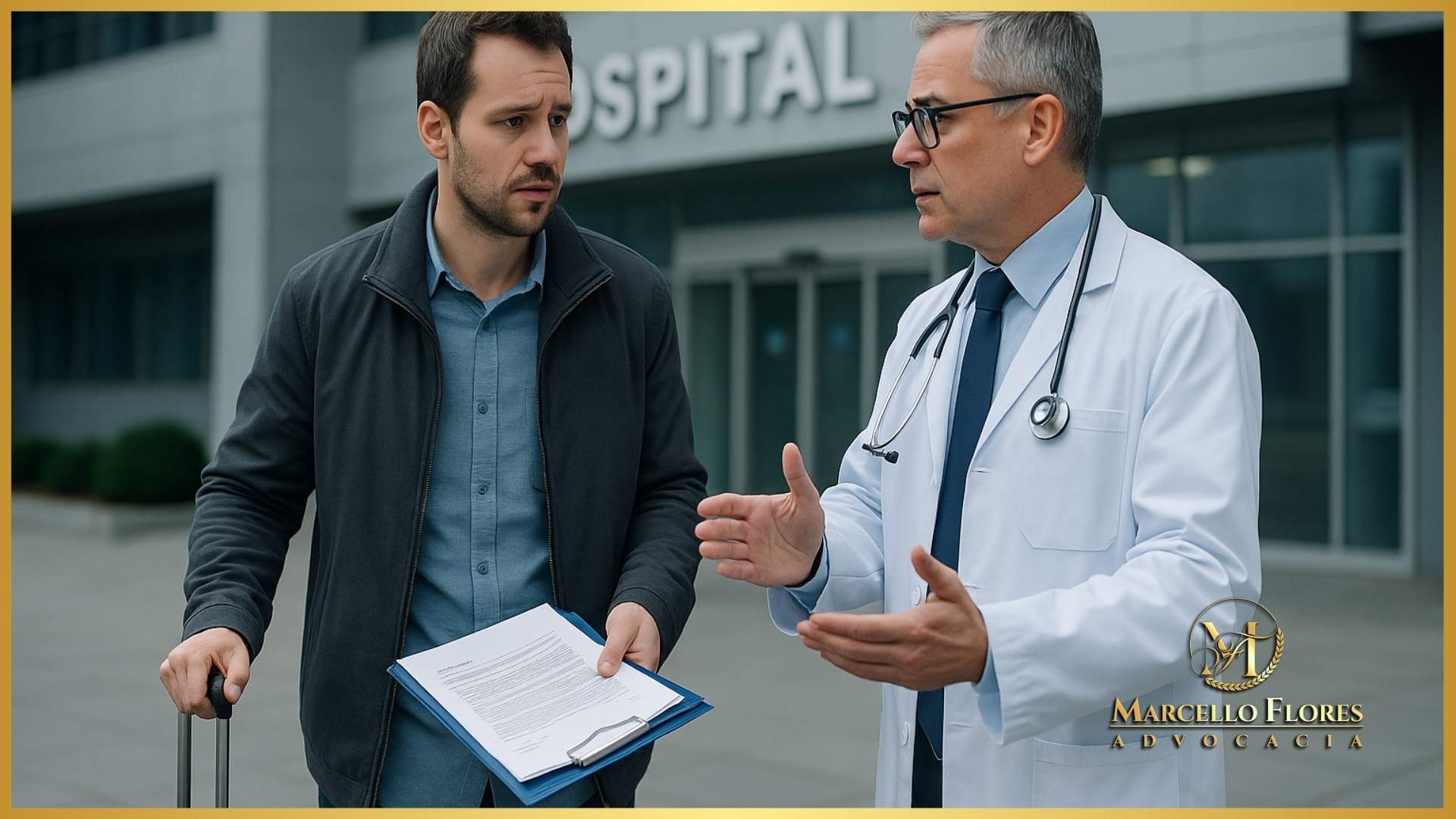 paciente com mala e documentos sendo impedido de entrar em hospital