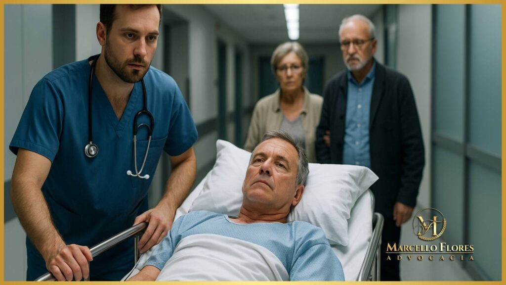 juiz assinando decisão enquanto médico acompanha paciente em hospital