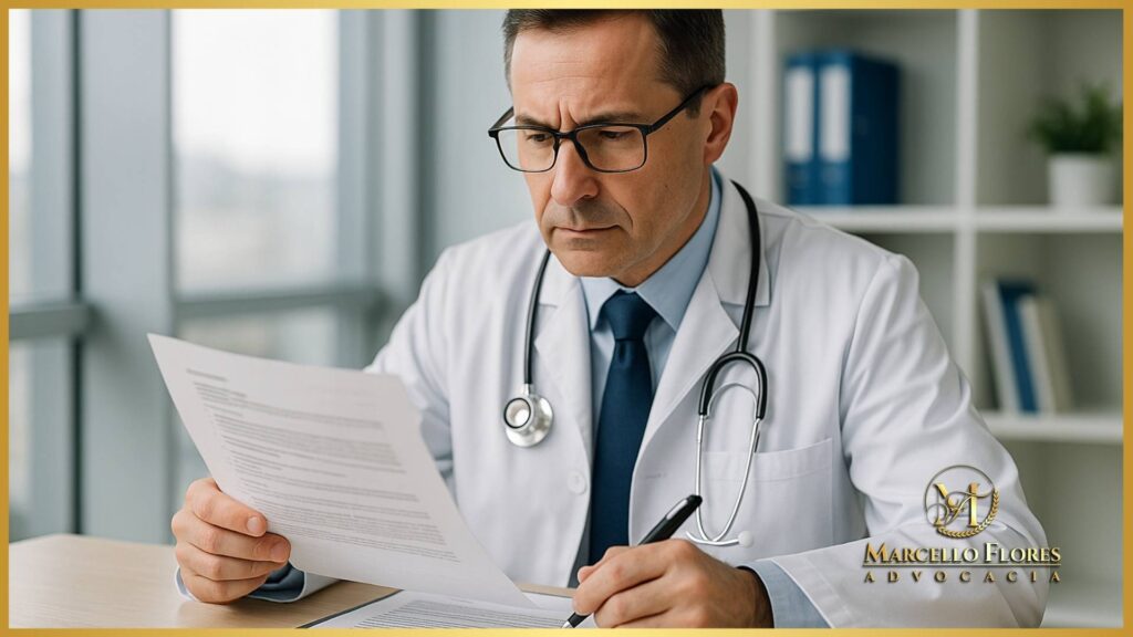 Médico avaliando ficha clínica sobre tratamento classificado como experimental.