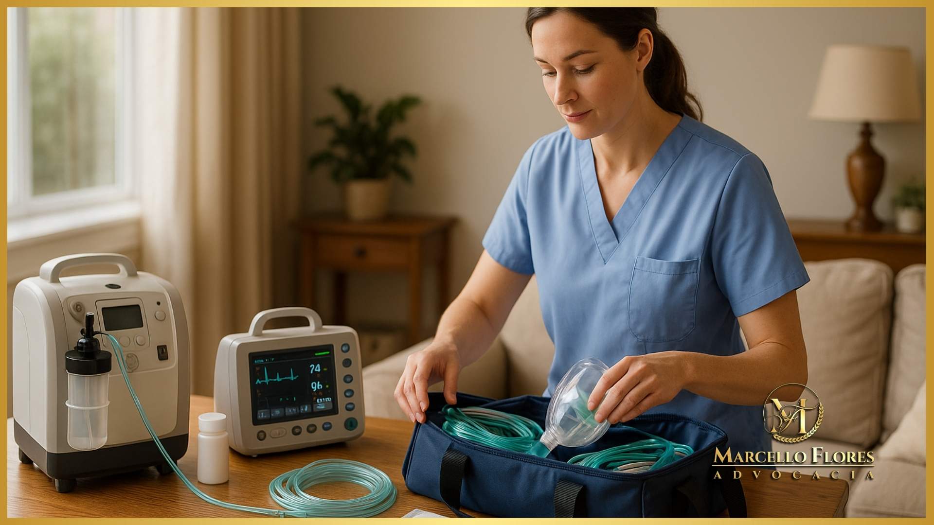 enfermeira organizando materiais e equipamentos de home care