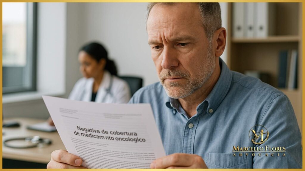 Paciente analisando relatório médico após negativa de medicamento oncológico.