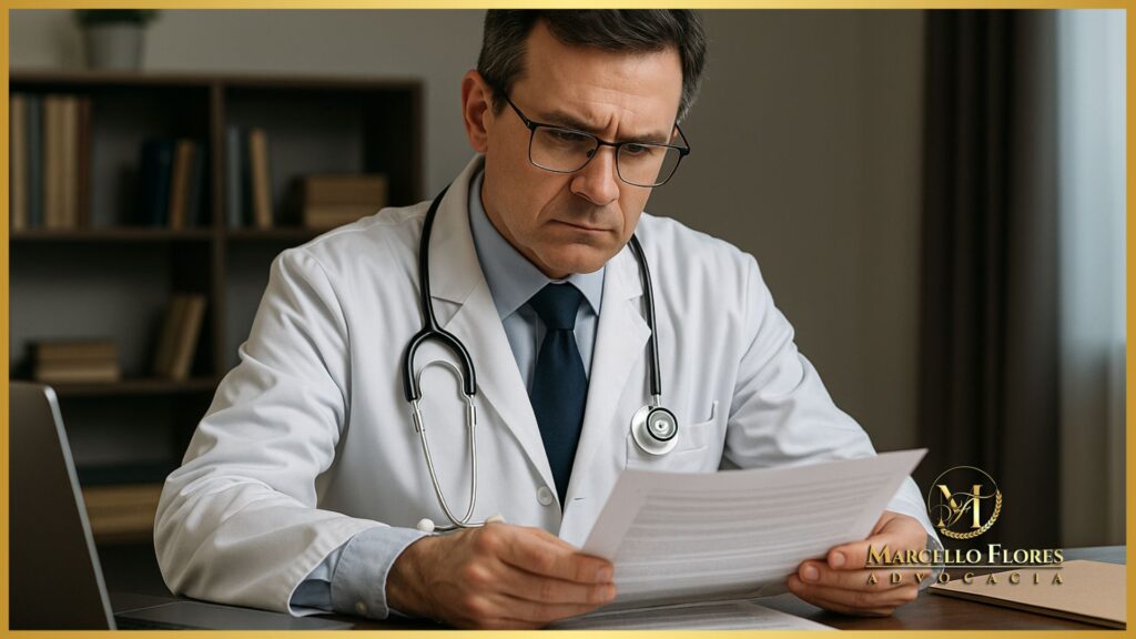 Médico em escritório analisando documentação disciplinar relacionada ao CRM.