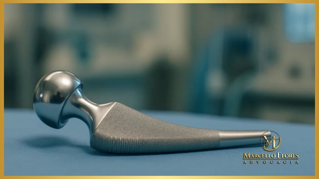 “Prótese ortopédica metálica posicionada sobre mesa cirúrgica, representando materiais OPME usados em cirurgias cobertas pelo plano de saúde.”