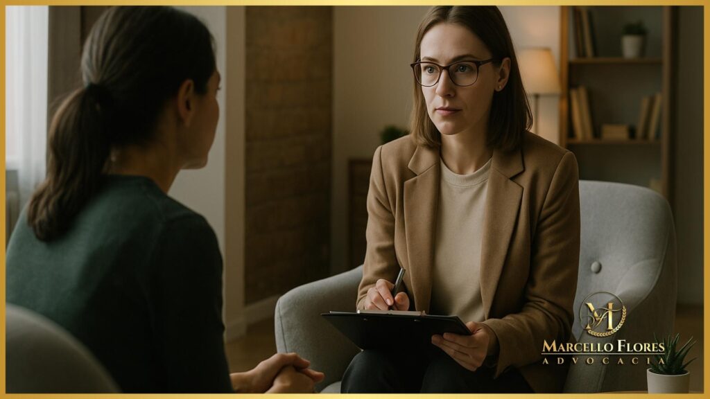 terapeuta conversando com paciente em ambiente clínico acolhedor