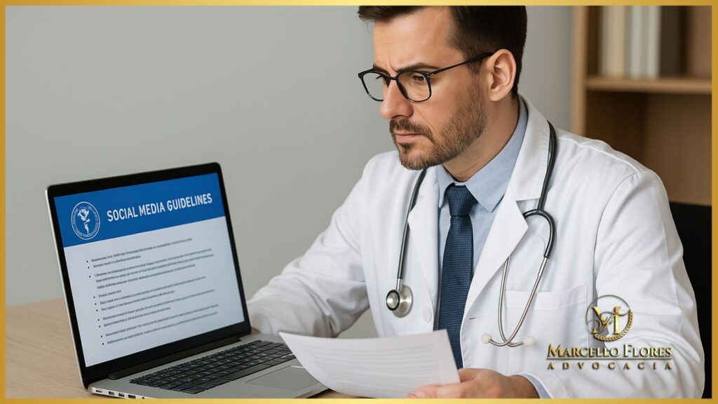 Médico utilizando laptop e revisando diretrizes éticas para publicidade nas redes sociais.