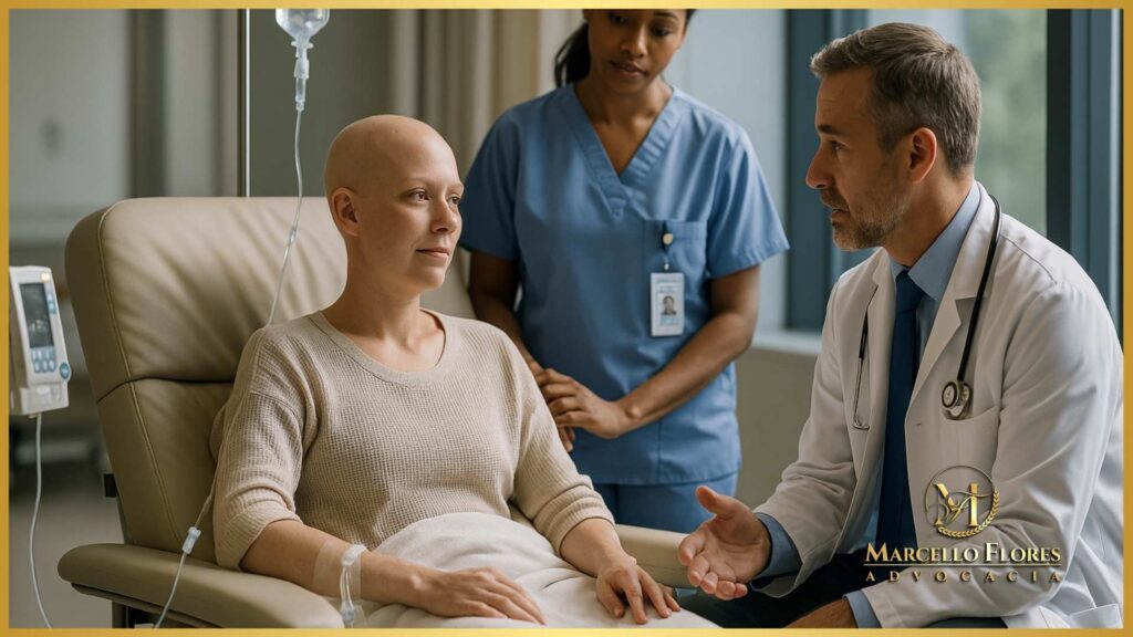 paciente em tratamento oncológico com equipe médica ao lado