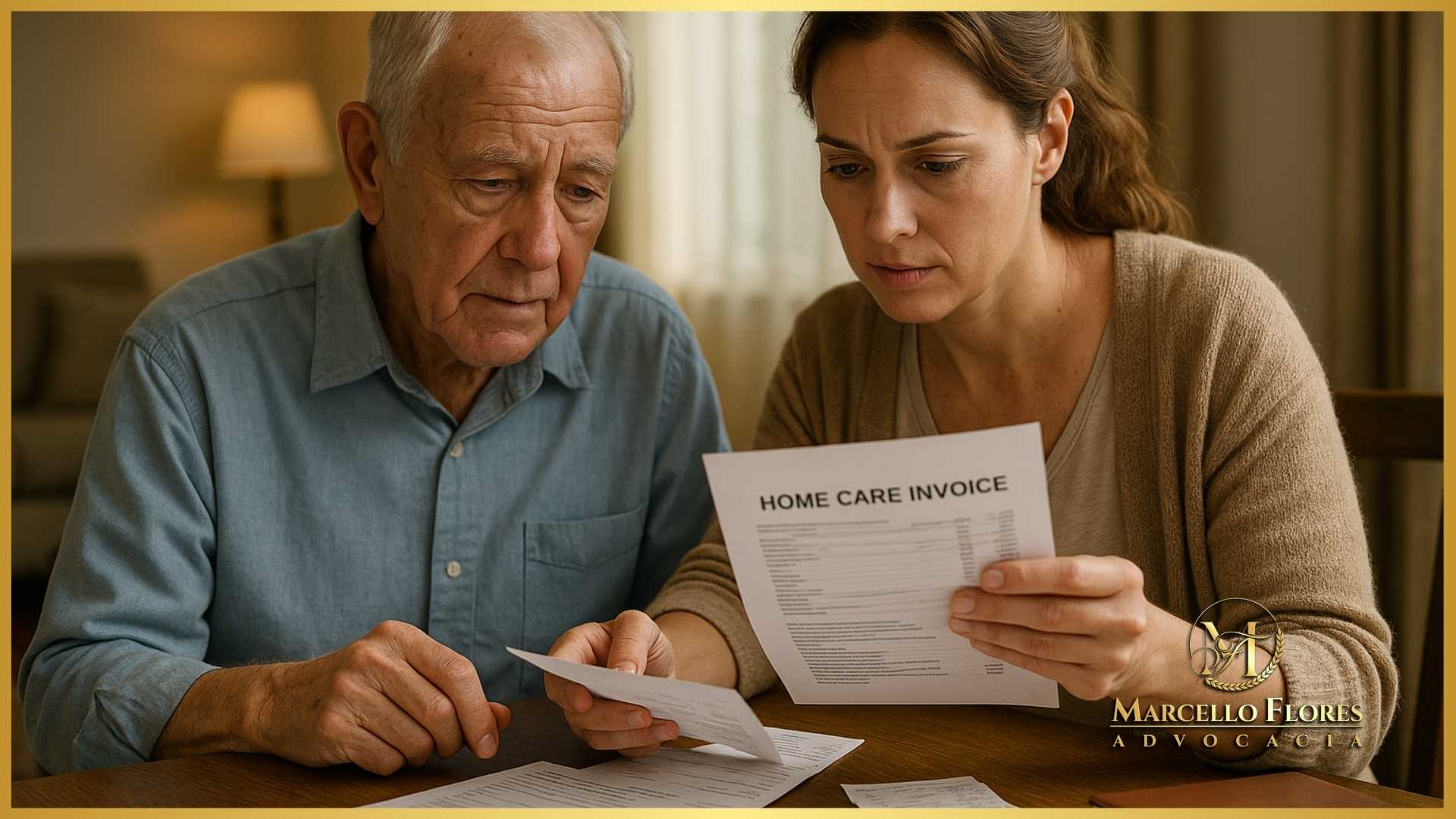 paciente idoso e familiar analisando notas de despesas de home care