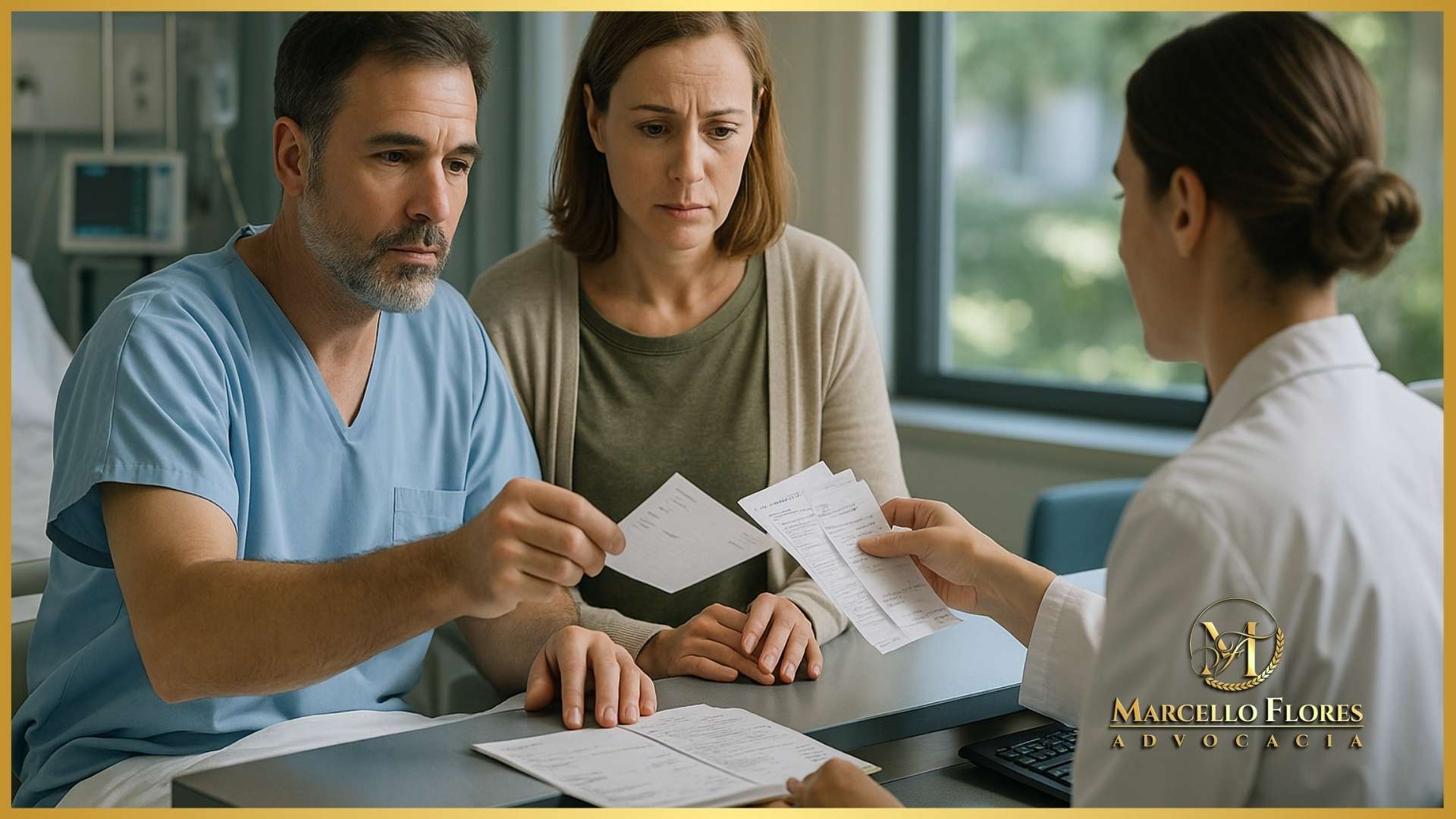 paciente e familiar entregando notas médicas e recibos em hospital
