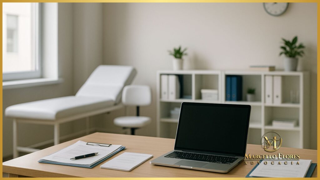 Consultório médico moderno com mesa administrativa organizada para gestão e regularização jurídica.