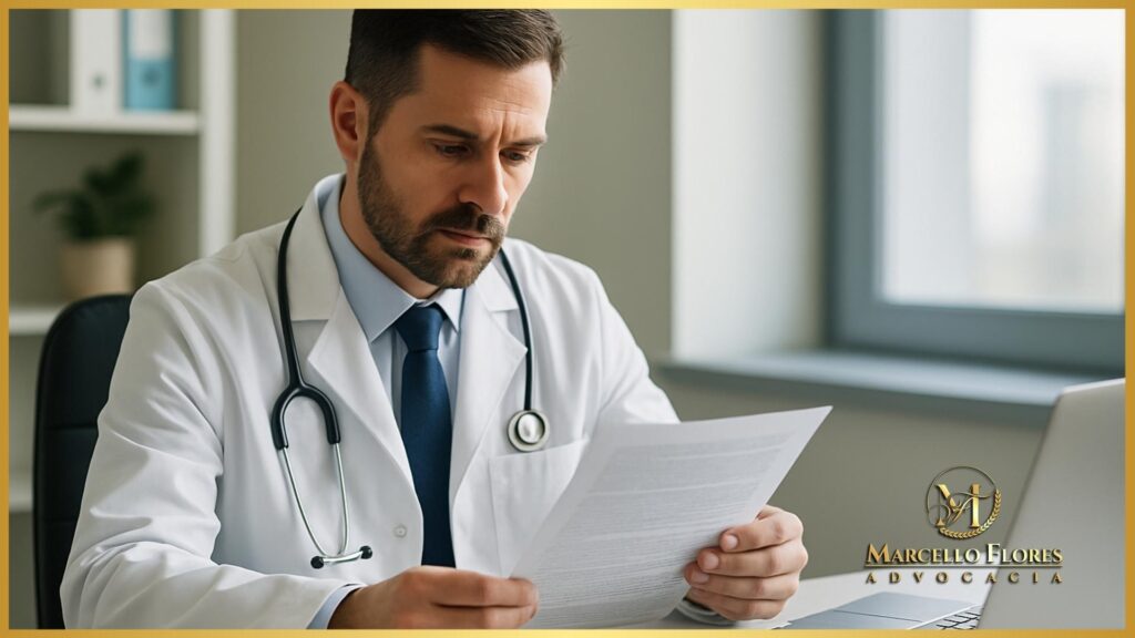 Médico analisando relatório clínico detalhado para liberação de medicamento.