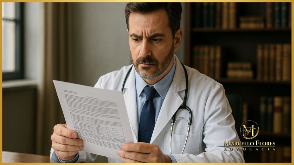 Médico analisando prontuário técnico em ambiente clínico, simbolizando proteção jurídica e responsabilidade civil.