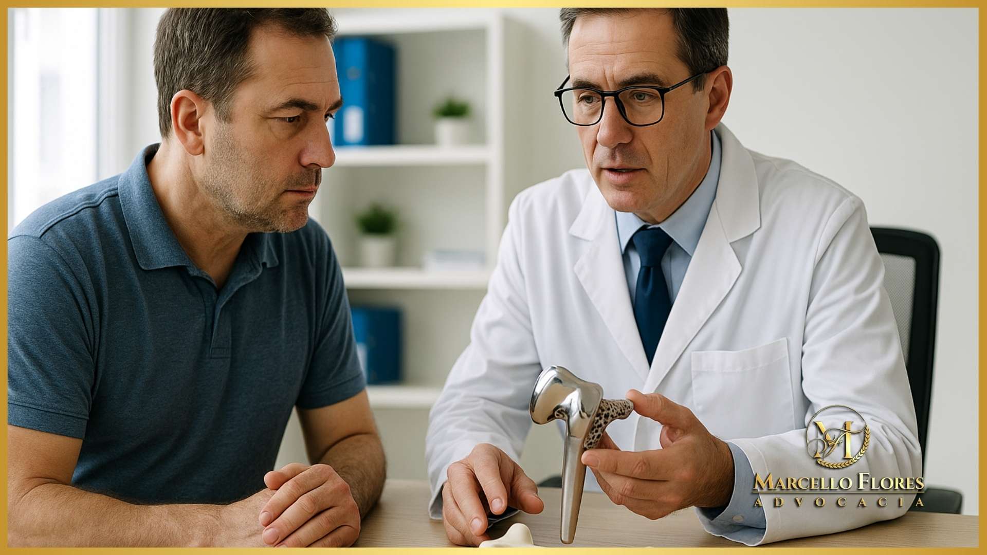 Paciente conversa com médico sobre substituição indevida de prótese pelo plano de saúde.